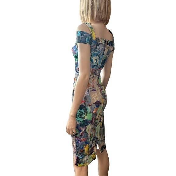 Nicole Miller New York Wiggle Sheath Dress Cold Shoulder Abstract Floral Multi - Picture 10 of 16